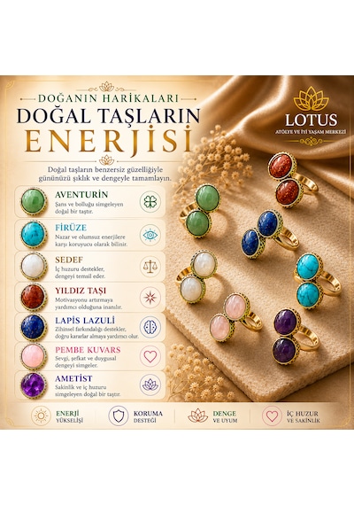 Premium Doğal Taşlı Bronz Yüzük Koleksiyonu Aventurin, Firuze & Lapis Lazuli Tasarım Yüzük Pembe