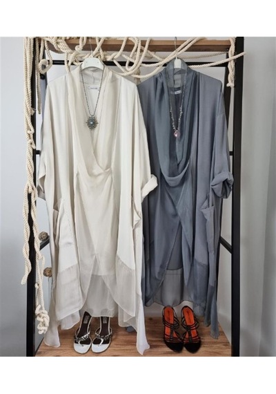 Bohem Stil Italyan Ipek Detaylı Oversize Kaftan & Bluz-8711 Krem