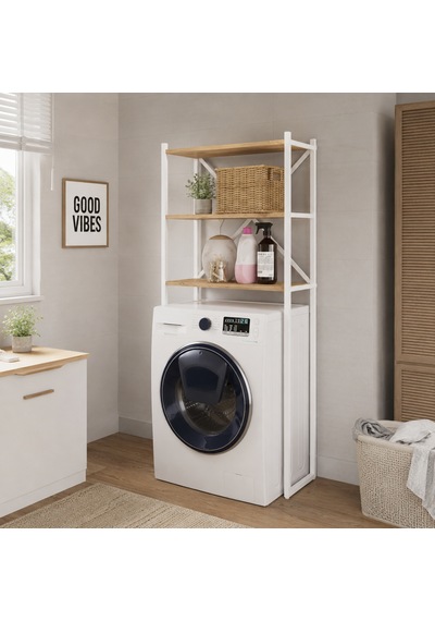 Braga Metal 3 Çamaşır Makinesi Üstü Düzenleyici Raf Beyaz Banyo Düzenleyici Dolap Beyaz - Çam