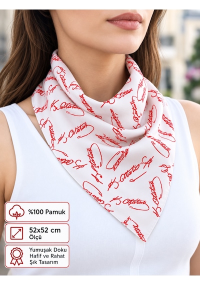 Herşeynota Atatürk İmza Beyaz Kırmızı %100 Pamuk 52x52 Cm Fular Bandana Okul, Etkinlik, Tören, Gösteri Çok Renkli
