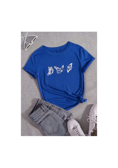 Uçuşan Kelebekler Temalı Premium Baskılı Kadın T-shirt Mavi