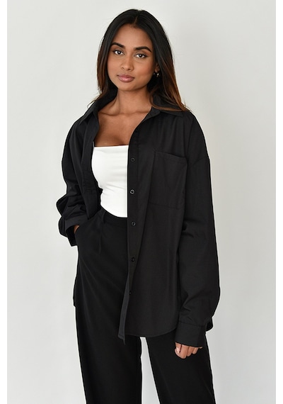 Madmext Siyah Oversize Basic Cepli Poplin Gömlek Mg1530 Siyah