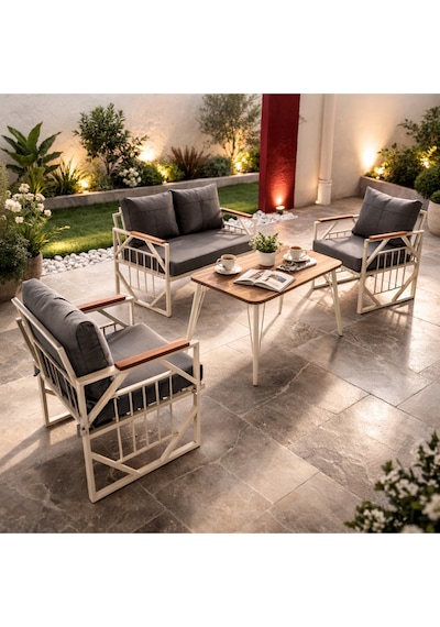 Violet Krem 2+1+1 Masalı Bahçe Oturma Grubu Minderli Metal Ahşap Detaylı Balkon Teras Takımı Açık-antrasit Violet Krem 2+1+1 Masalı Bahçe Oturma Grubu Minderli Metal Ahşap Detaylı Balkon Teras Takımı Açık-antrasit