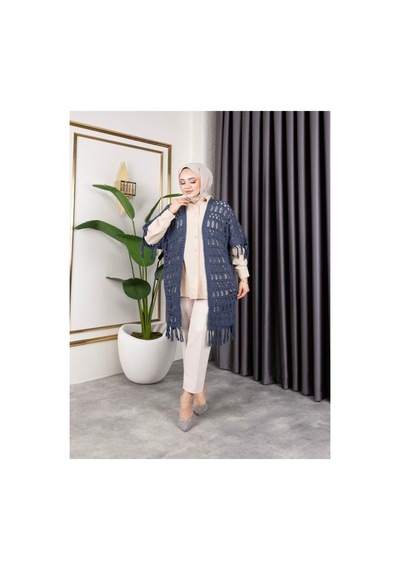 Hira Life Fashion Kadın Mevsimlik Saçaklı Ve Ajurlu Pamuk Triko Hırka Mavi Mavi