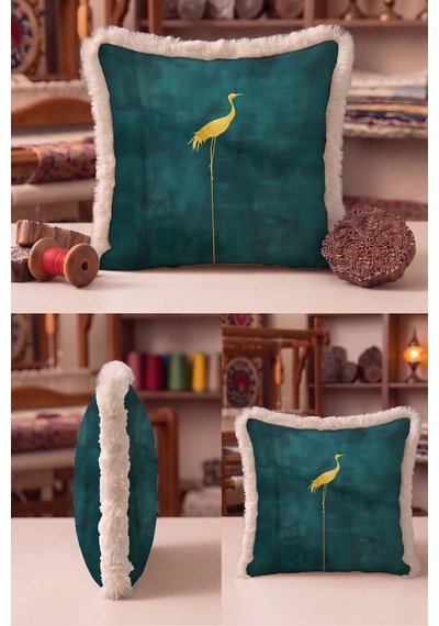 Kuş Figürlü Zümrüt Gold Saçaklı Yastık Kılıfı - Turna Temalı Art Deco Krem Püsküllü Kırlent Kılıfı Mavi