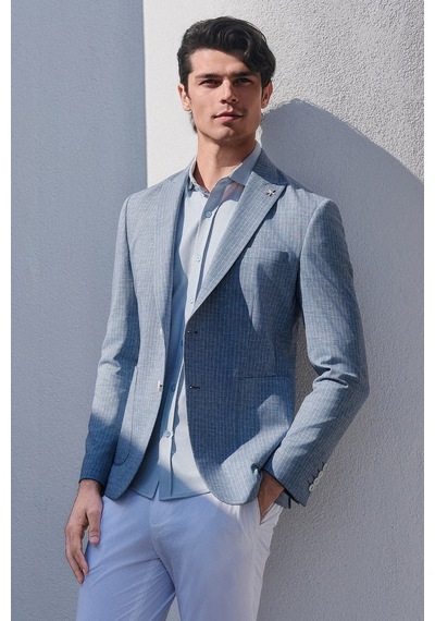 İmza İtalyan Yaka Kısa Kol Cepsiz Slim Fit Esnek Gömlek 1004260159 Mavi