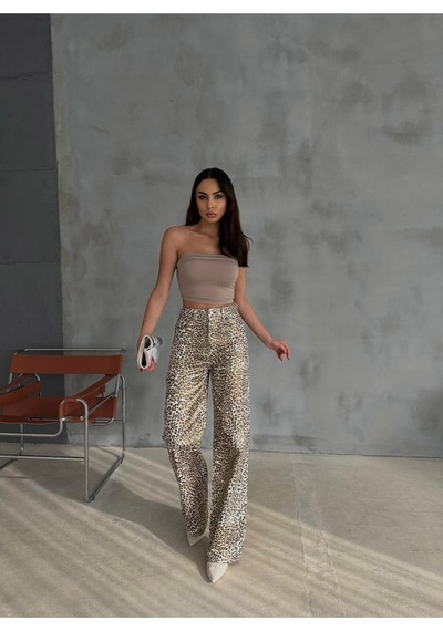 Zeo Basic Gold Leopar Desenli Varak Baskılı Geniş Paça Pantolon Gold-leopar