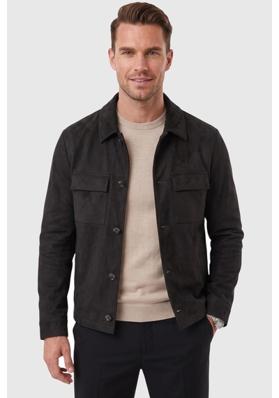 Rizzup Erkek Slim Fit Tüylenmeyen Kırışmayan Siyah Süet Ceket Astarlı Gömlek Yaka 2704503