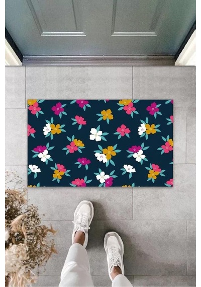Koyu Pembe Kapı Önü Paspası Çiçekler Desen K-3251 Renkli