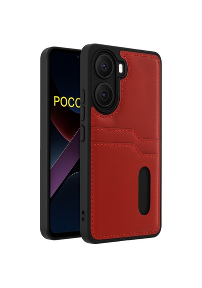 Xiaomi Poco X7 Pro Uyumlu Deri Kartvizitli Kartlıklı Premium Telefon Kılıfı Kapak Kırmızı