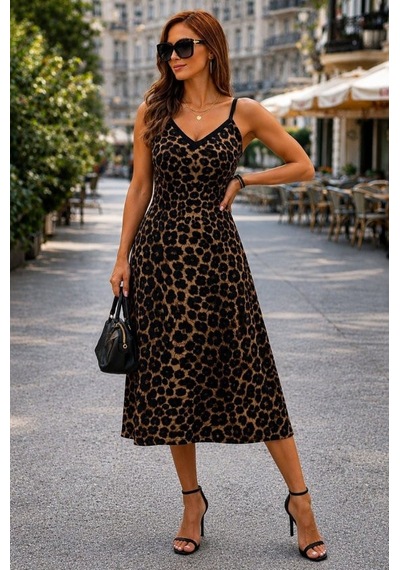 Veraura Lifestyle Kadın Ip Askılı V Yakalı Leopar Desenli Uzun Süprem Elbise