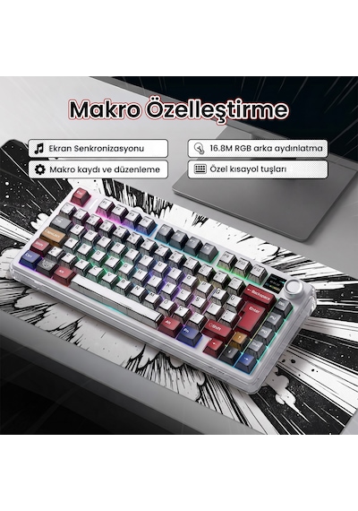Aula F75 Max Mekanik Gaming Oyuncu Klavyesi Tkl Rgb Graywood V4 Switch Kablosuz Makrolu Hot Swap Türkçe Q Comic 14413384