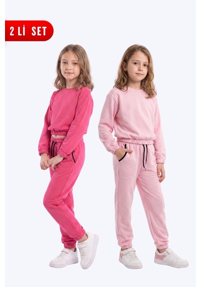 Panios Kids 2'li Yuvarlak Yakalı Beli Lastikli Crop Kesim 4 Parça Kız Çocuk Alt Üst Eşofman Takımı Fuşya-pembe