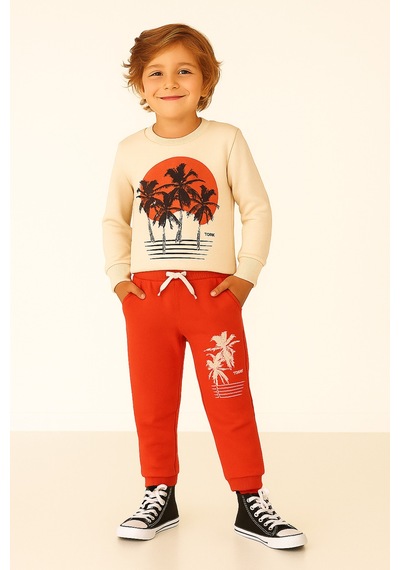 Veramoni Tropical Baskılı Uzun Kollu Lastikli Bel Cepli Unisex Çocuk Alt Üst Takım Kiremit Rengi