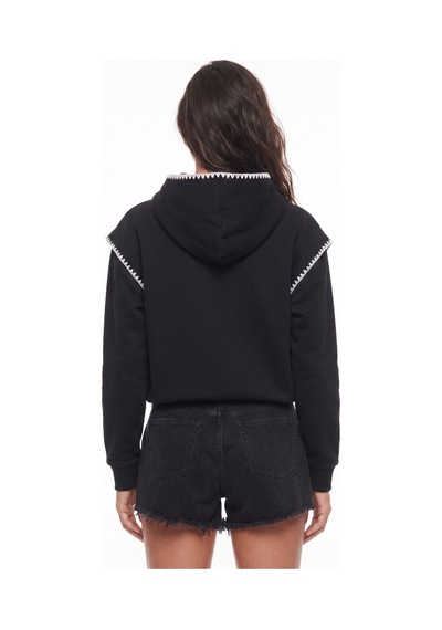 Onloox Kadın Siyah Siyah Pamuklu Kapişonlu Uzun Kollu Rahat Kesim Dantel Detaylı Sweatshirt