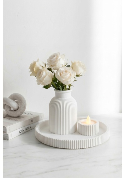 Senfoni Vazo Dekoratif Set - Modern Minimalist Estetik Tasarım Dekoratif Set - Pilli Mum, Mumluk Ve Tepsi Dahil Ev Ofis Salon Dekorasyonu İçin Şık Kompozisyon - Ahenk Tasarım Beyaz