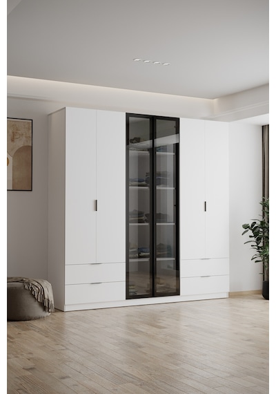 Evdemo Safir Cam Kapaklı 6 Kapılı 4 Çekmeceli Gardırop 210 Cm Beyaz