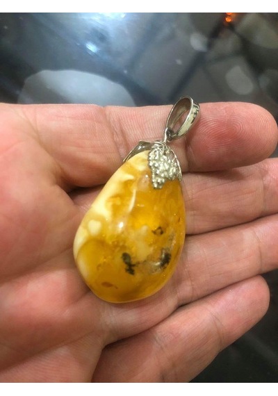 Doğal Kaya Damla Kehribar Kolye Ucu Otantik Gümüş Aparatlı 11,81 Gram