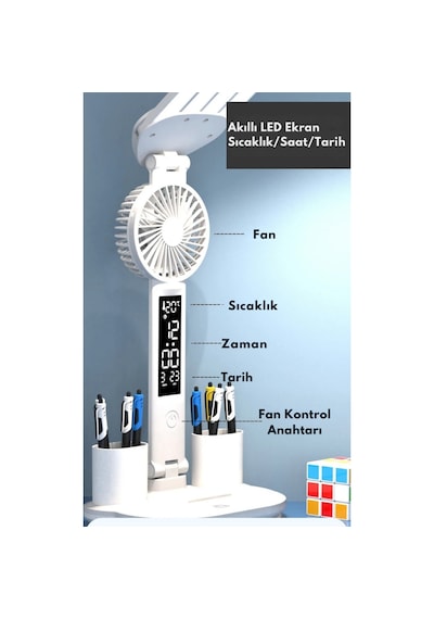 Techtic 8in1 Fanlı Masa Lambası 4 Başlı Lamba Saat Takvim Derece