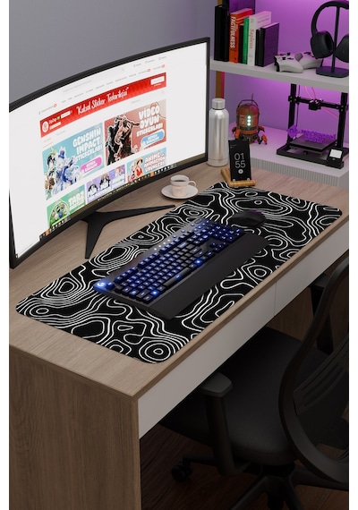 Siyah Beyaz 90x40 Xxl Taraftar Gaming Oyuncu Mouse Pad Kaymaz Taban Büyük Fare Altlığı Topography