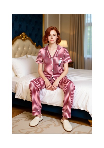 Ersefa Kadın Çizgili Baskılı Gömlek Ve Pantolon Pijama Takımı Fonksiyone Pembe