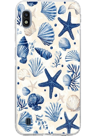 Samsung Galaxy A10 Uyumlu Mavi Deniz Kabuğu Ve Yıldız Desenli Baskılı Silikon Kılıf Renkli