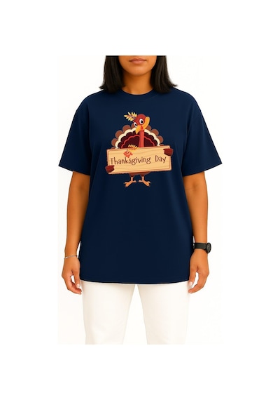 Bahriyeli Collection Oversize Şükran Günü Akşam Yemeği Göğüs Tasarımlı Unisex T-shirt Lacivert