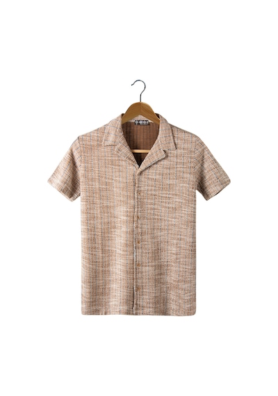 Erkek Bej Kısa Kollu Slim Fit Çizgi Desenli Pamuklu Yazlık Gömlek Taş