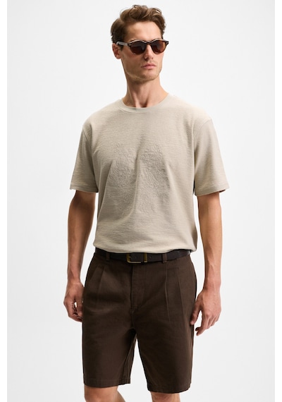 Grımelange NELIDO Erkek Nakış Detaylı %100 Organik Pamuk Bisiklet Yaka Kısa Kollu Regular Fit Taş Rengi T-Shirt