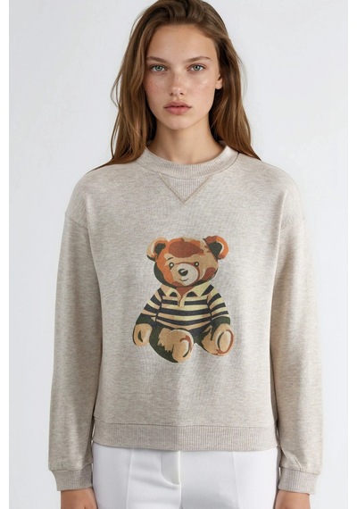 Hiccup Busem Baskılı Bisiklet Yaka Sweatshirt Krem Doğal