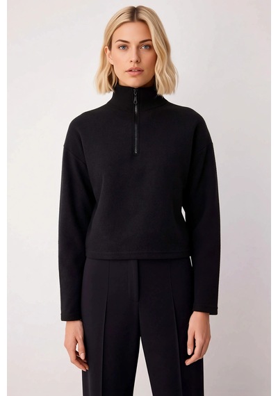 Benerly Kadın Dik Yaka Düşük Kol Fermuarlı Regular Kalıp Örme Sweatshirt siyah