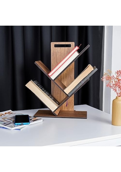 Vigo Wood - Mk20 Geometrik Masaüstü Ağaç Kitaplık Küçük Abanoz - Beyaz