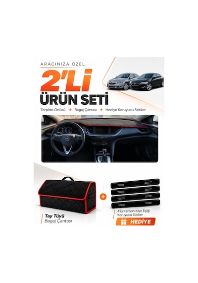 E-biz Opel İnsignia 2017-2026 Uyumlu Torpido Örtüsü + Tay Tüyü Çanta - Siyah-kırmızı - Op021