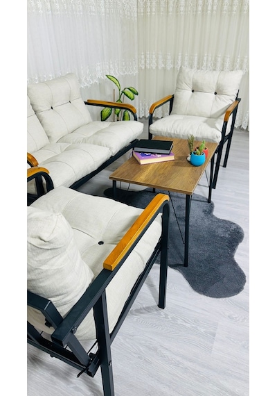 Madame Home Kaktüs Balkon, Bahçe,teras,cafe - Salon - Metal Kanepe Koltuk Takımı - 2 1 1 Sehpa Krem