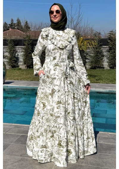 Rabia Şamlı Botanik Elbise Yeşil Normal