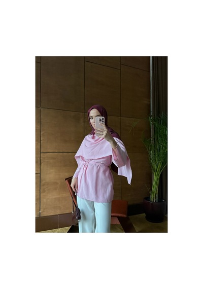 Moonsc Kadın Rahat Kesim Pelerinli Bel Bağlamalı Pembe Tesettür Tunik