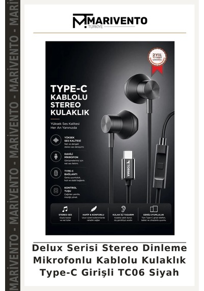 Delux Serisi Stereo Dinleme Mikrofonlu Kablolu Kulaklık Type-c Girişli Tc06 Siyah