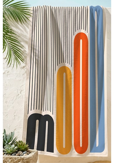 Geometrik Çizgili Mood Retro Plaj Havlusu - Minimalist Renk Bloklu Akdeniz Banyo Sahil Örtüsü Ayaz Defne