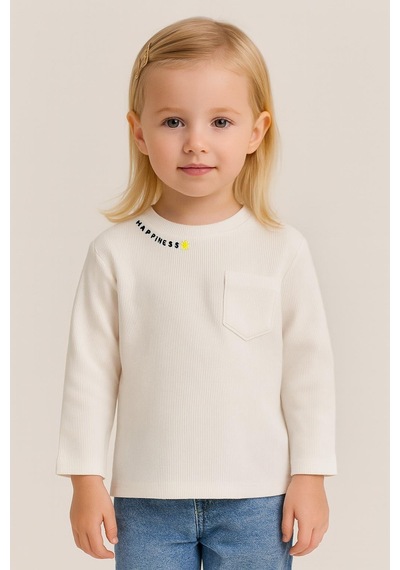 Luess Unisex Çocuk Happiness Nakışlı Cepli Fitilli Kaşkorse Tişört Beyaz