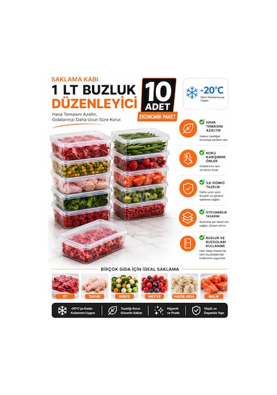 1 Lt Buzluk Düzenleyici Saklama Kabı - Derin Dondurucu Ve Buzdolabı İçin Şeffaf Kapaklı Gıda Saklama Kabı