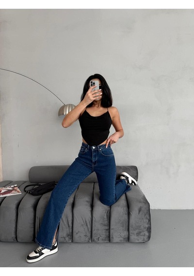 Yırtmaç Detaylı Boru Paça Dark Blue Lycra Jean Mavi+dark