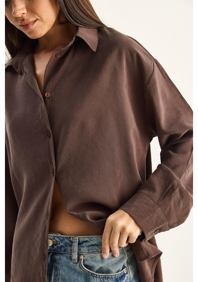 Shade Kadın Şal Aksesuarlı Oversize Modal Gömlek 340 60286164 - Kahverengi
