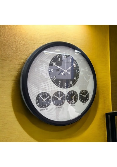 Dünya Saatleri Otel Duvar Saati Metal Siyah Çerçeve Çap 52 Cm Siyah