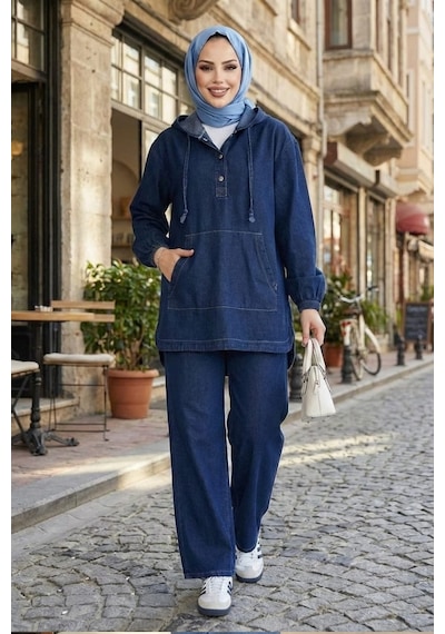 Hb Harma Time Butik Kadın Kapüşonlu, Düğmeli Ve Cepli Koyu Kot Mavi Tunik Pantolon İkili Takım Koyu Mavi Hb Harma Time Butik Kadın Kapüşonlu, Düğmeli Ve Cepli Koyu Kot Mavi Tunik Pantolon İkili Takım Koyu Mavi