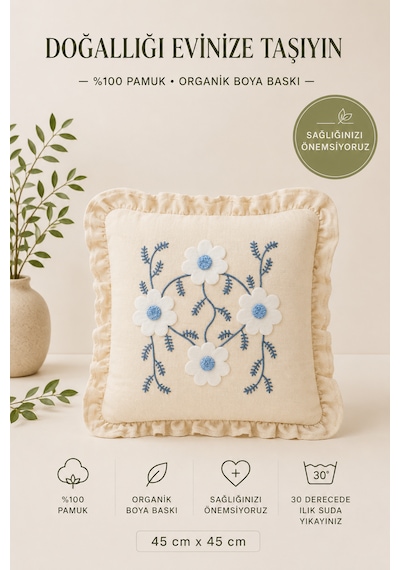 Mavi Beyaz Papatya Desenli Dekoratif Kırlent Kılıfı %100 Pamuk Fırfırlı 45x45 Cm Bej