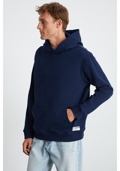Grimelange GILMAR Erkek Şardonlu 3 İplik Kapüşonlu Kanguru Cepli Lacivert Sweatshirt