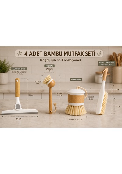 Mutfak Bambu Seti 4 Parça Pratik Temizlik Seti Tabak Yıkama Bardak Yıkama Tezgah Çekçek Süpürge Ahşap Bambu Saplı