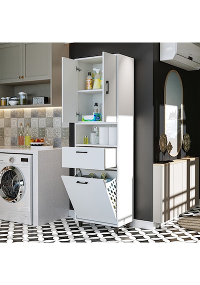 Çamaşır Sepetli Banyo Dolabı, Çok Amaçlı Çekmeceli Dolap 60 X 200 Mat Beyaz Çamaşır Sepetli Banyo Dolabı, Çok Amaçlı Çekmeceli Dolap 60 X 200 Mat Beyaz