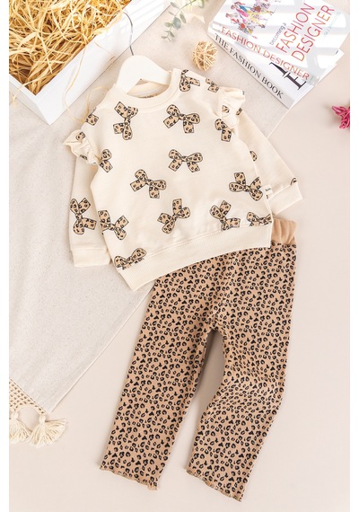 Babymod Fiyonk Baskılı Leopar Desenli İkili Pamuklu Kız Bebek Çocuk Takım Bej