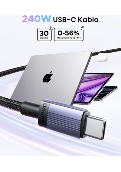 Ugreen Usb-c 240w Pd Hızlı Şarj Kablosu, 2 Metre, Siyah, 65908
